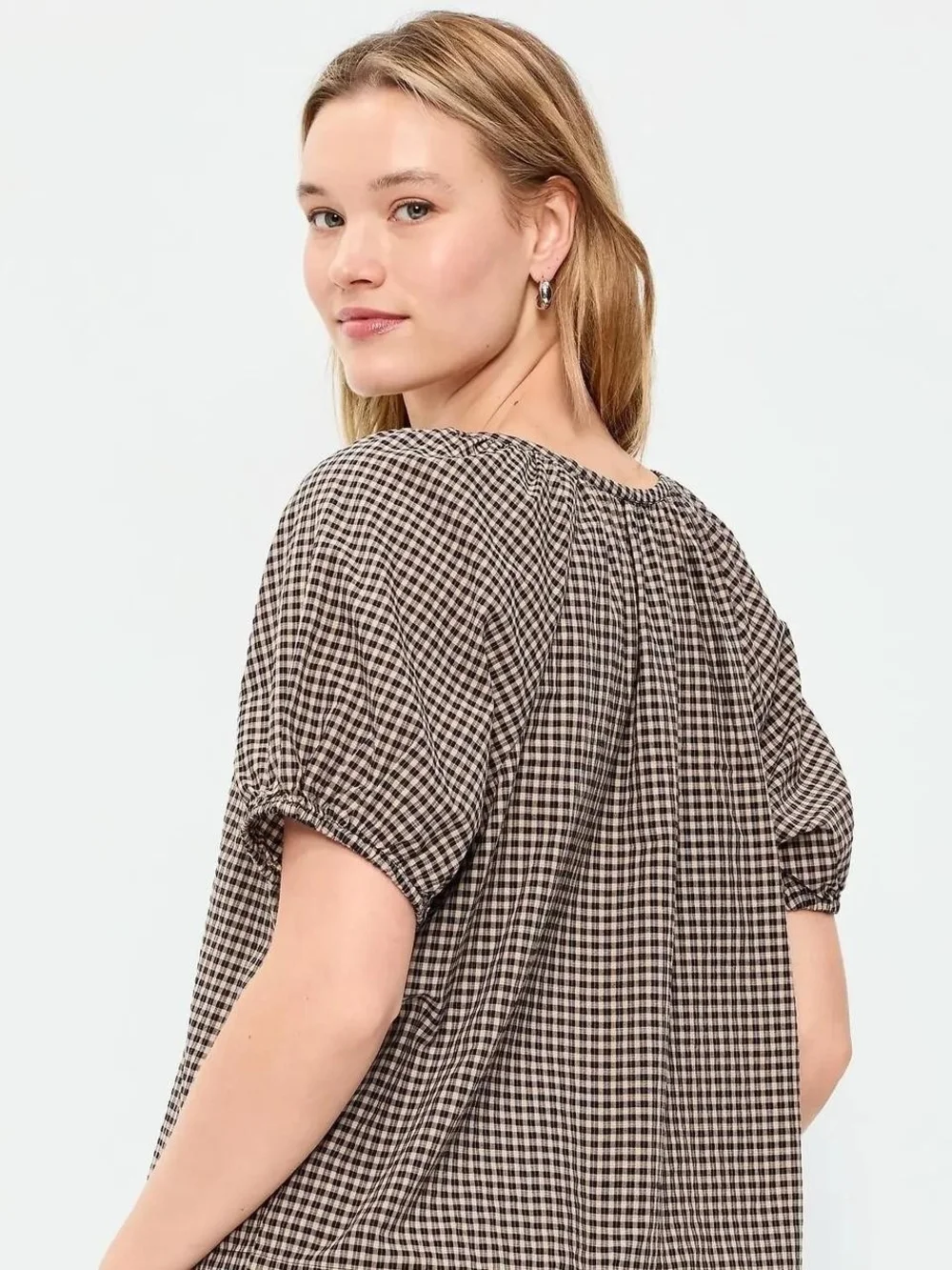 Checked Puff-Sleeve Button Front Top - Black & Cream